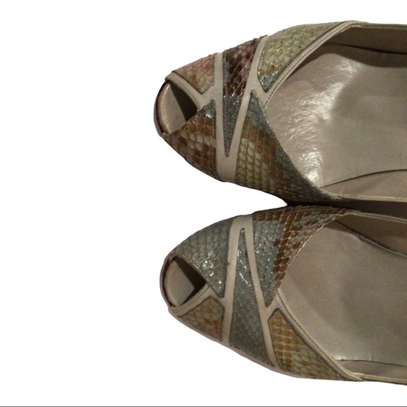 Vintage 80s Roberto Gil Peeptoe Snakeskin Shoes Heels 7 M - Picture 9 of 11